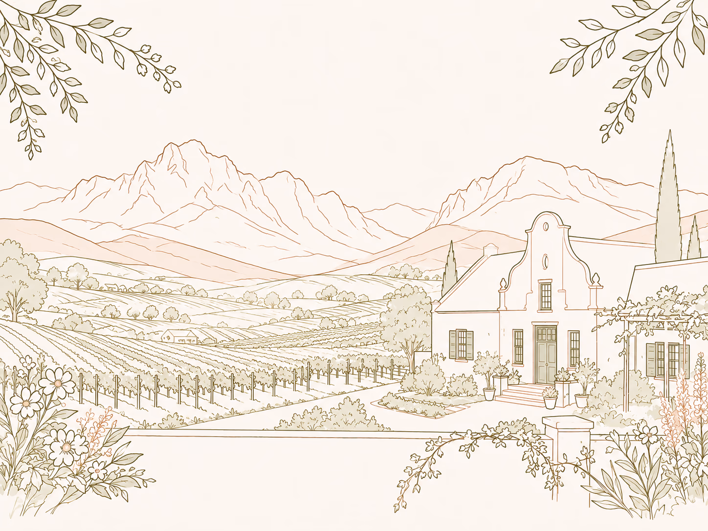 Illustration of a Cape Dutch homestead among the vineyards and mountains of Stellenbosch